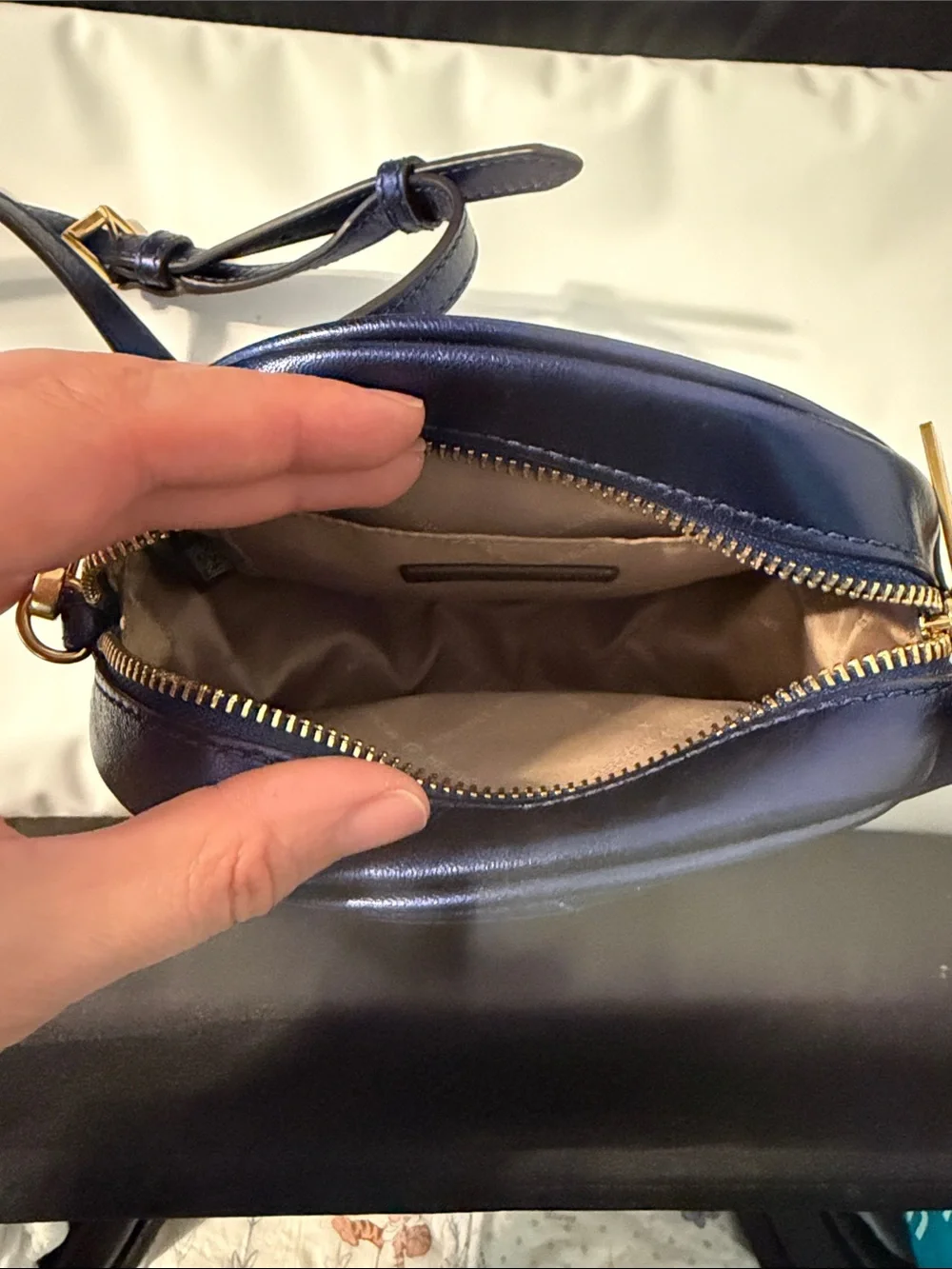 Michael Kors Quilted Round Crossbody in Navy with Gold Hardware